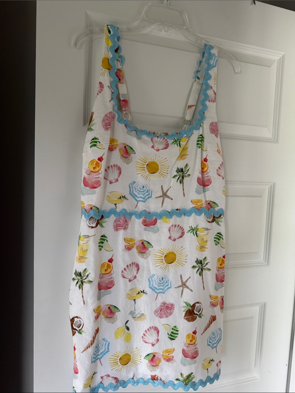 Show Me Your MuMu White Mini Dress with Blue Ricrac and Multicolor Beach Print - Picture 1 of 3